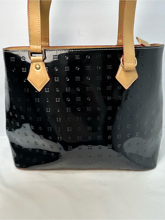 Arcadia Handbags - Arcadia Black Patent Tote with Tan Handles